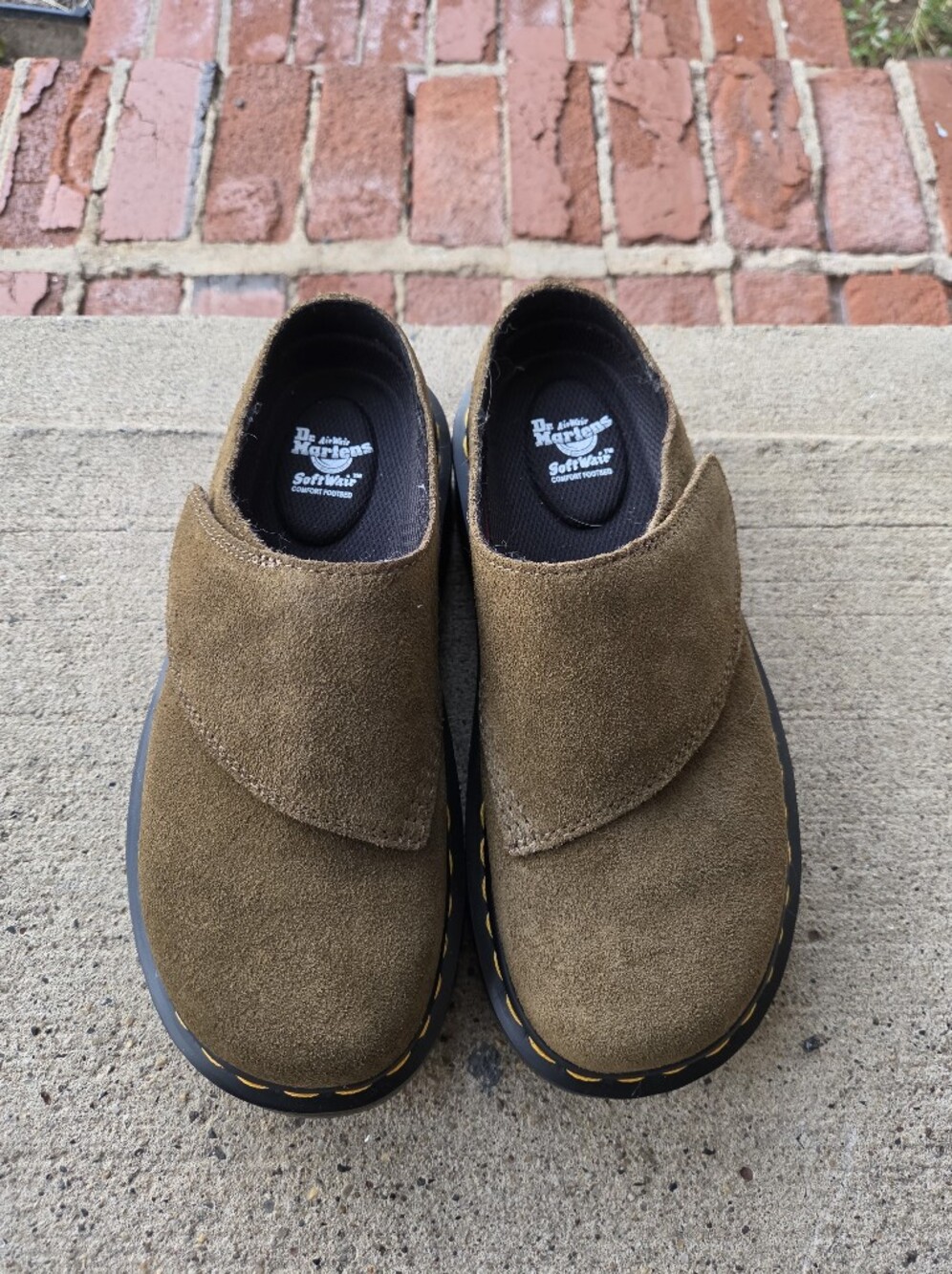 Dr. Martens Olive Suede Slip-On Clogs with Yellow Stitching